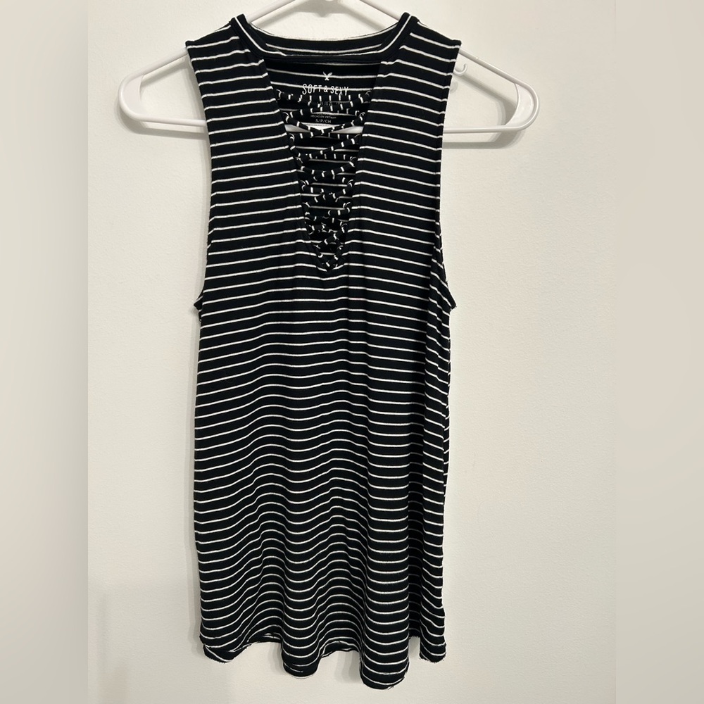 Aeropostale Navy and White Striped Lace-Up Top